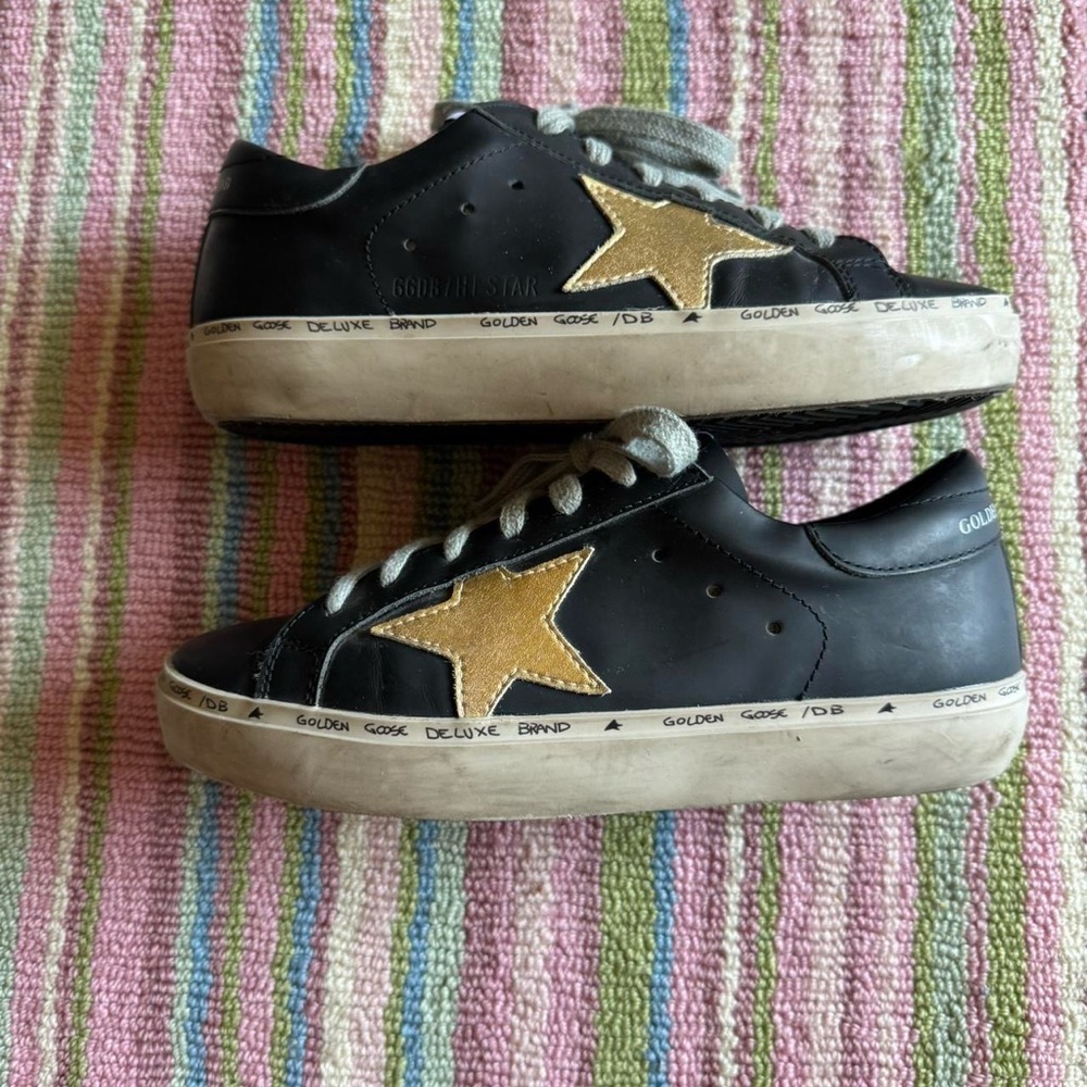 Black Leather Sneakers with Gold Star Accent - Picture 2 of 10
